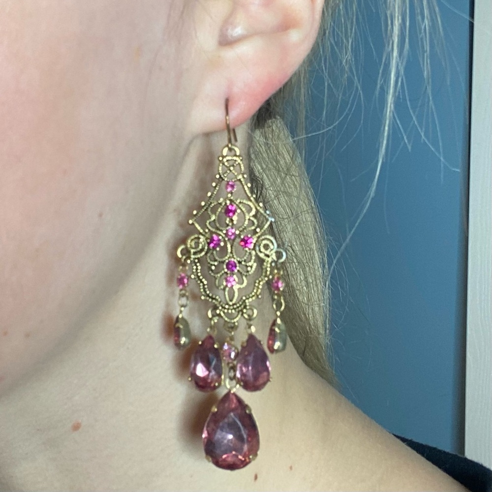 Gold Filigree Chandelier Earrings w/Pink Gems